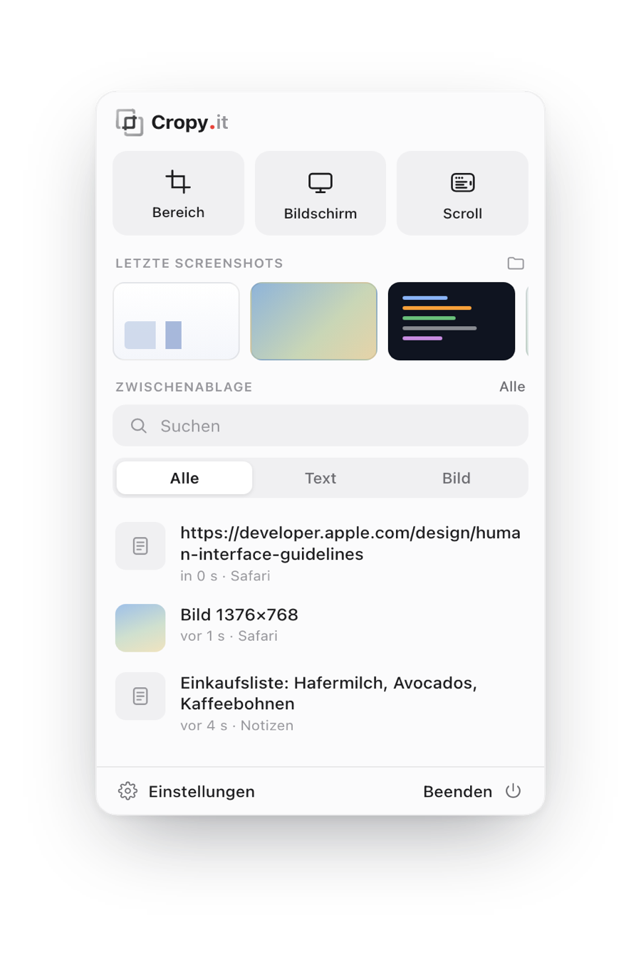 Cropy.it main window with capture types, recent screenshots and clipboard