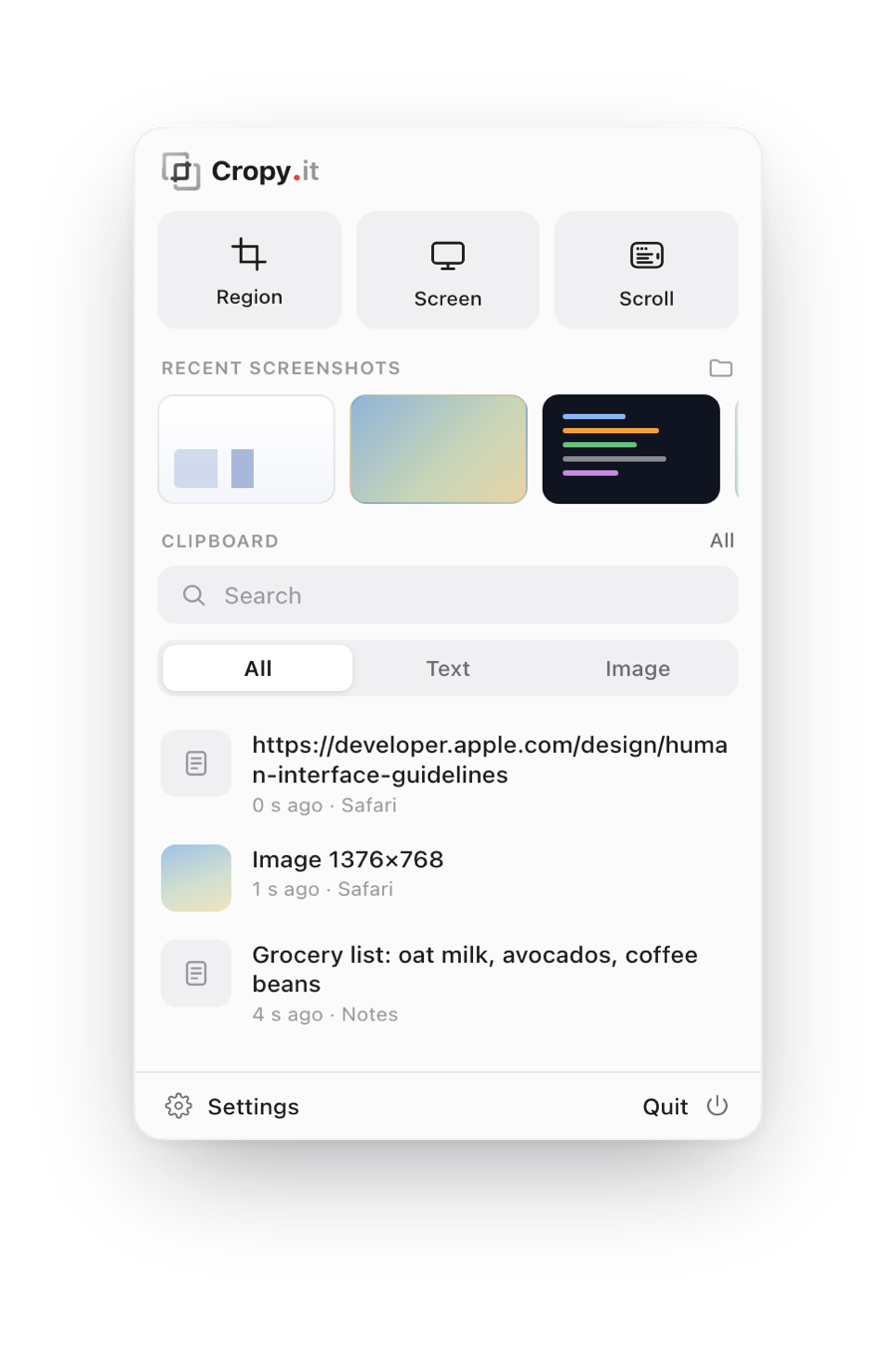 Cropy.it main window with capture types, recent screenshots and clipboard