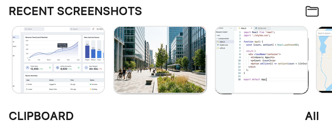Recent screenshots – clicking an image opens the editor